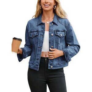 Women's Jean Jacket Long Sleeve Denim Jackets Button Down with Pockets Dark Blue
